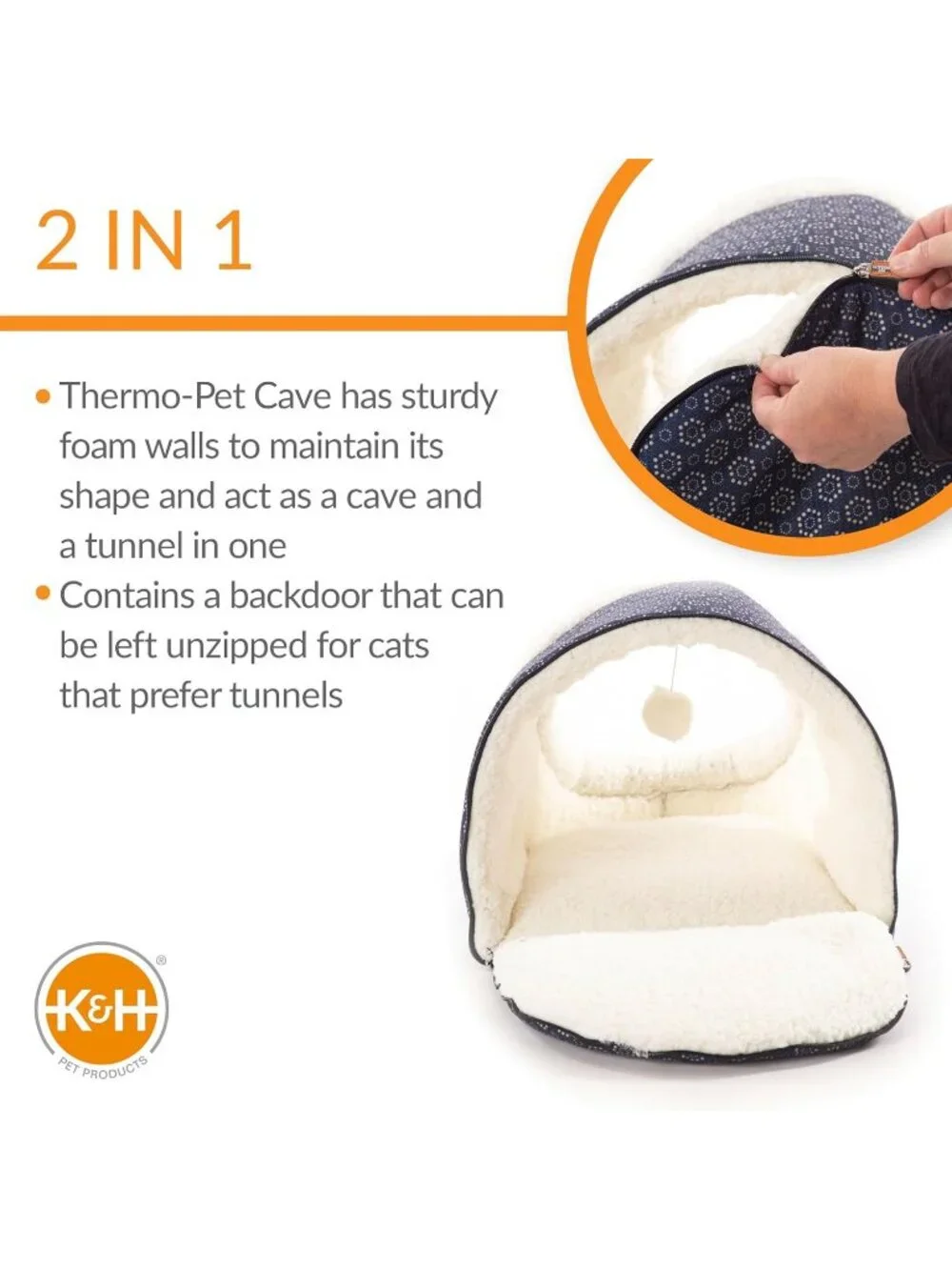 New Thermo-Pet Cave Heated Cat Bed Navy Geo Flower Design, 17x15x13 Inches